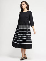 Cotton Striped Fit & Flare Dress - Black & White