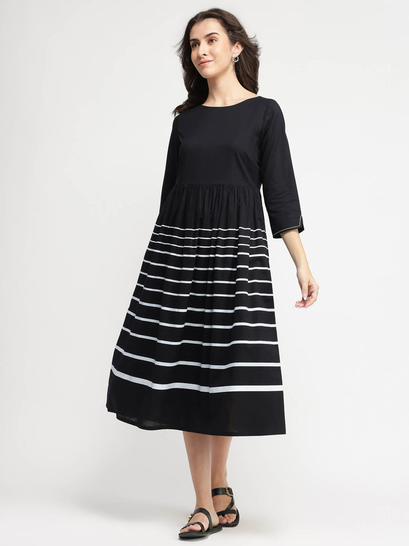 Cotton Striped Fit & Flare Dress - Black & White