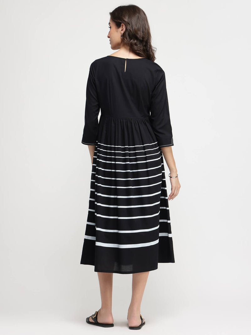 Cotton Striped Fit & Flare Dress - Black & White