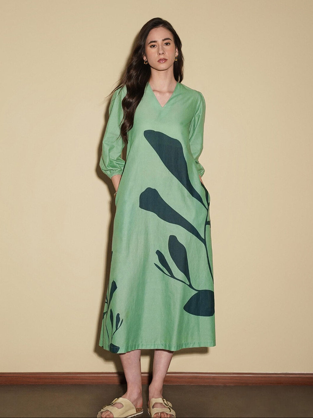 Cotton Floral A-Line Dress - Green