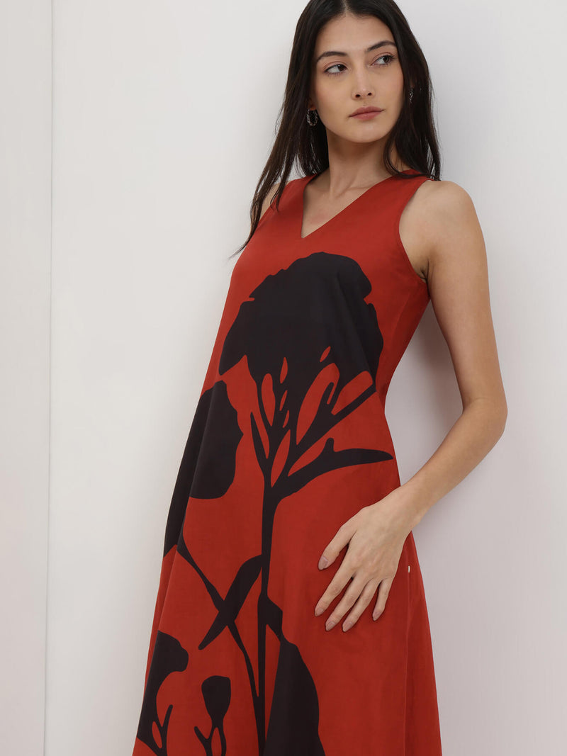 Cotton Floral A-Line Dress - Red and Black