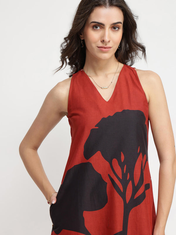 Cotton Floral A-Line Dress - Red and Black