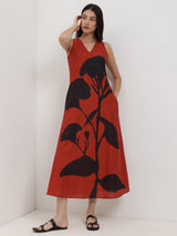 Cotton Floral A-Line Dress - Red and Black