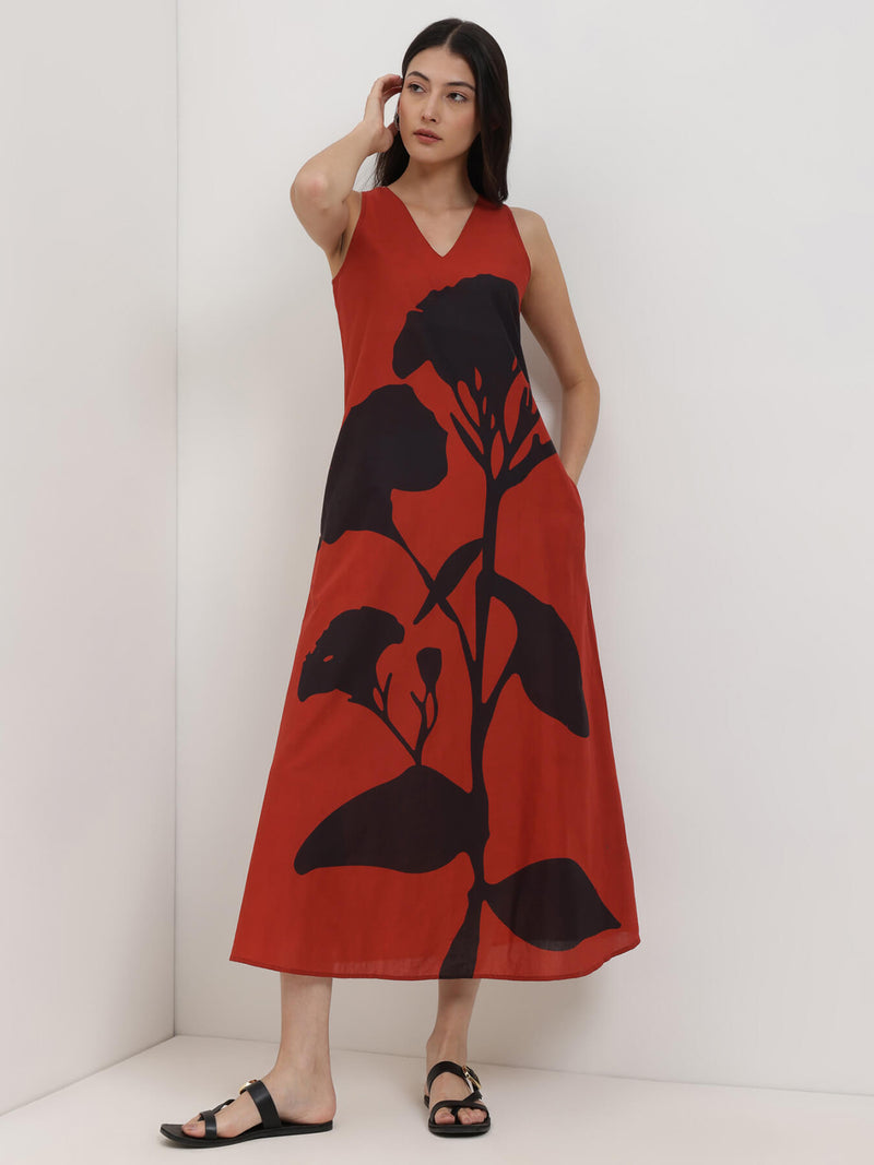 Cotton Floral A-Line Dress - Red and Black