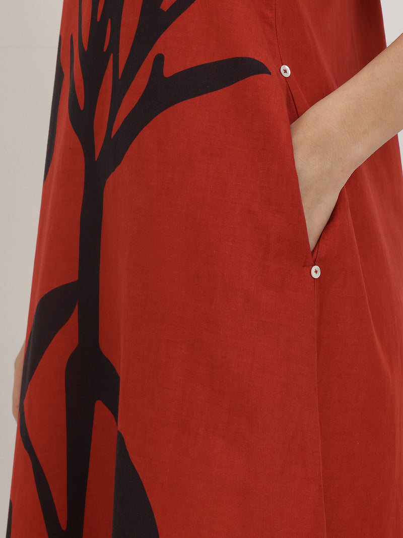 Cotton Floral A-Line Dress - Red and Black