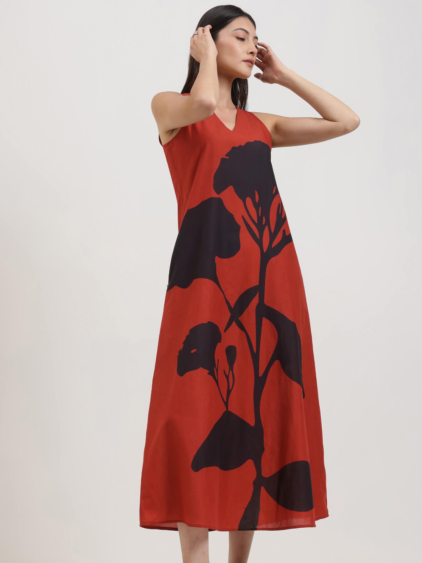 Cotton Floral A-Line Dress - Red and Black