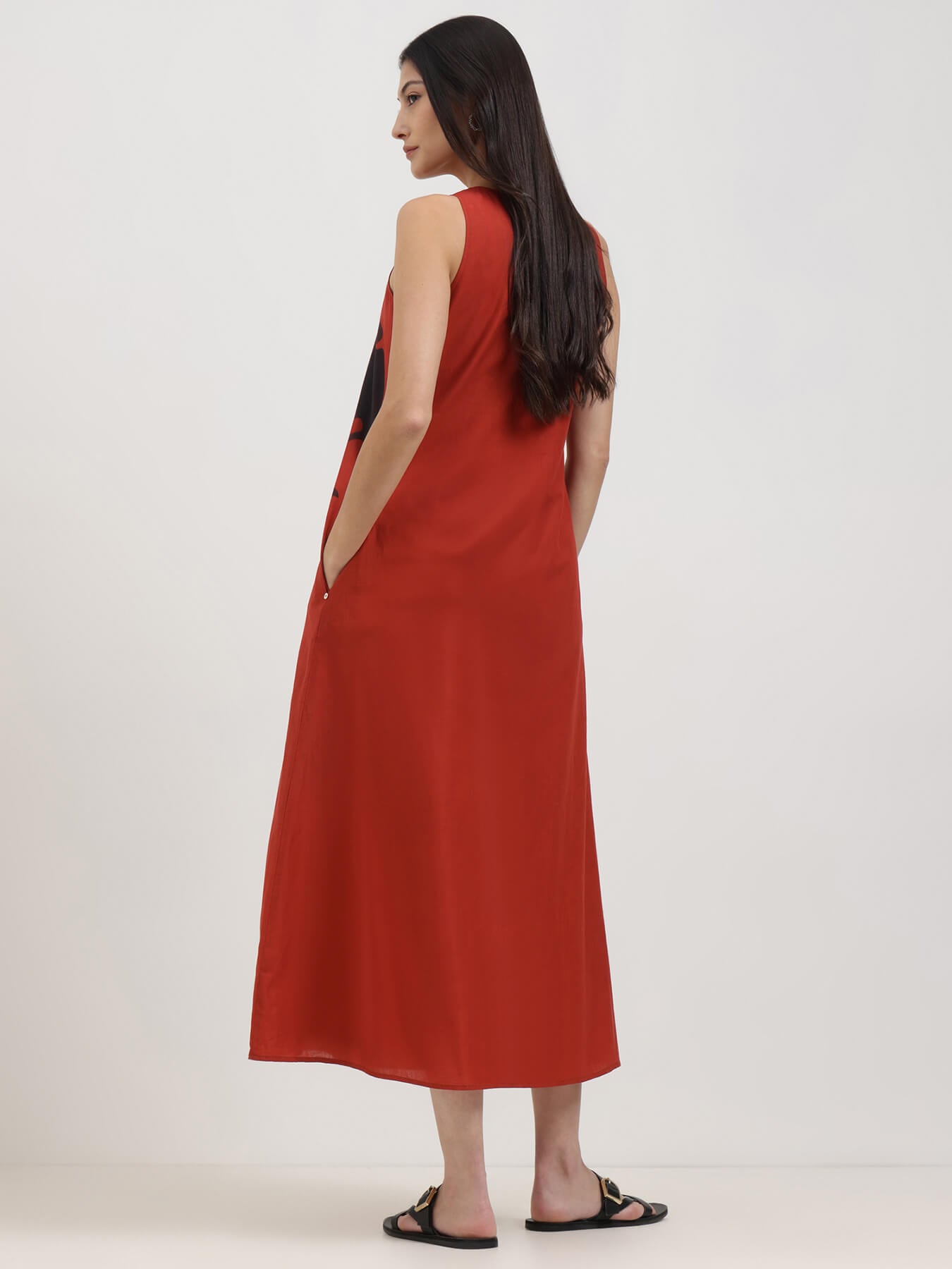 Cotton Floral A-Line Dress - Red and Black