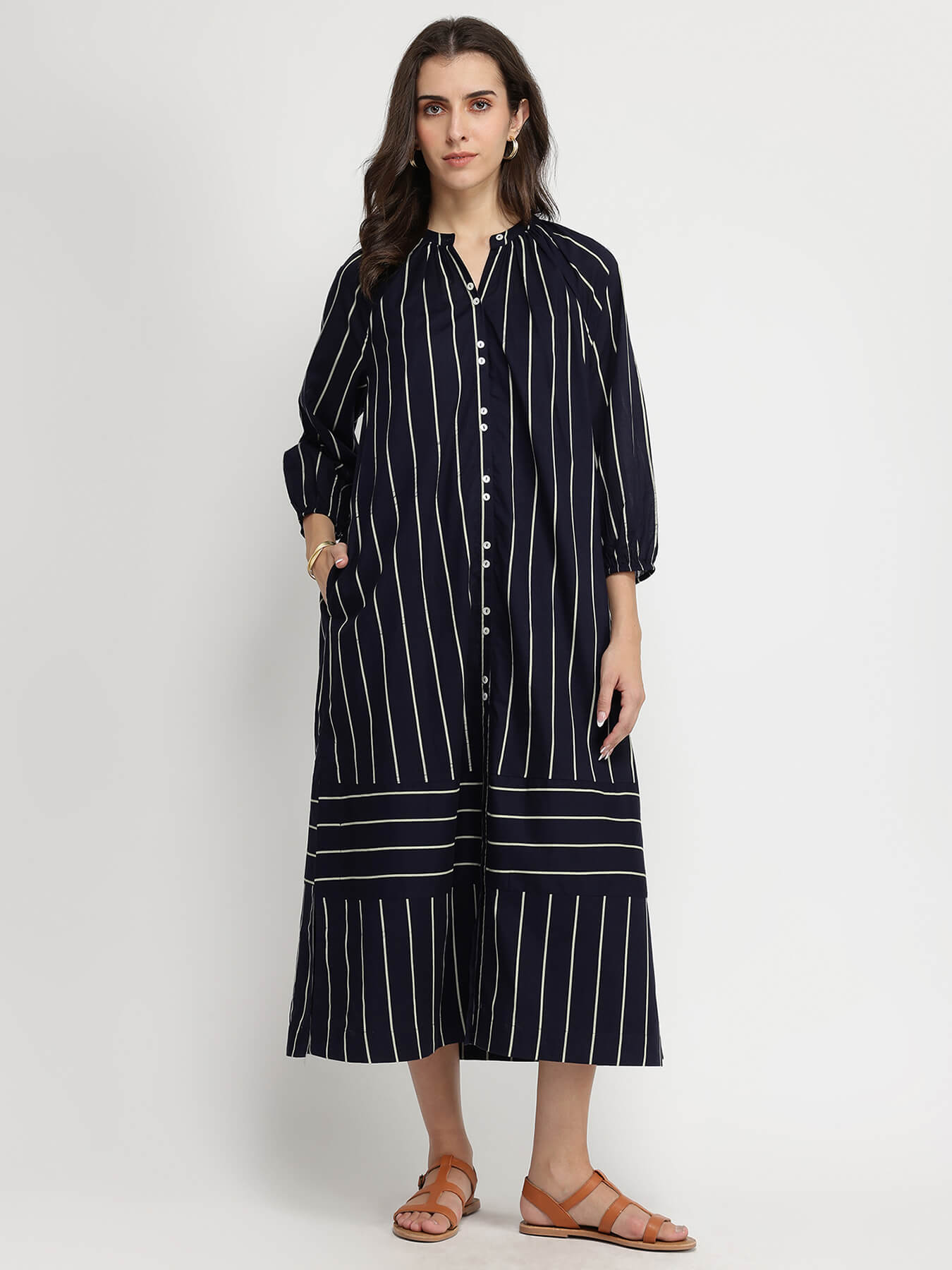Cotton Stripe Play A-Line Dress - Navy Blue