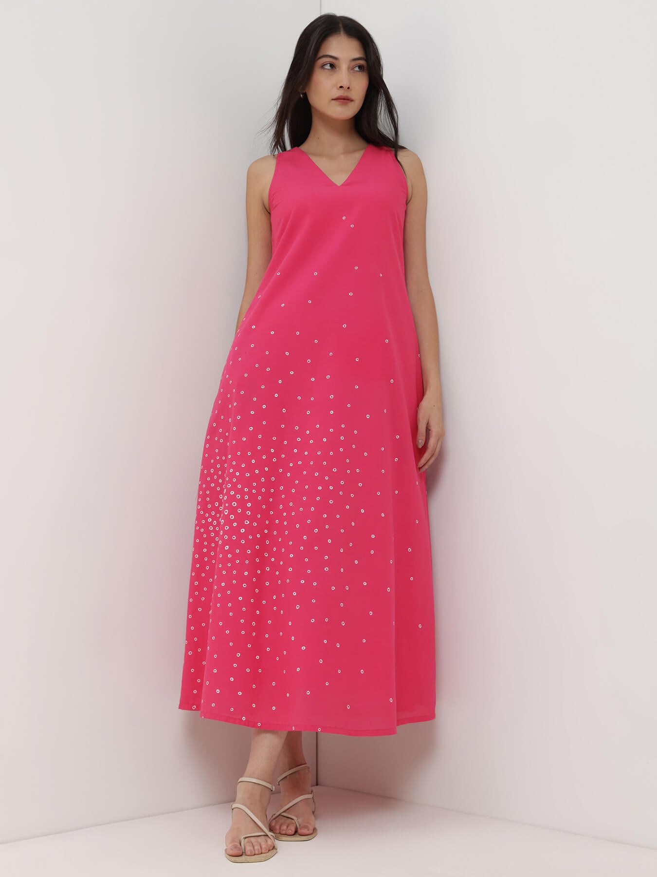 Cotton Bandhani A-Line Dress - Pink