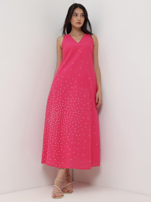 Cotton Bandhani A-Line Dress - Pink
