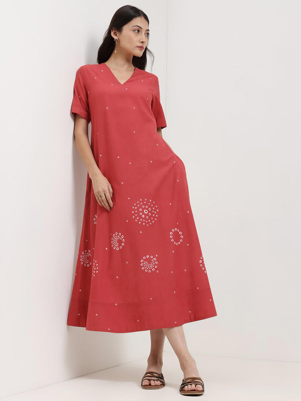 Cotton Bandhani A-Line Dress - Red