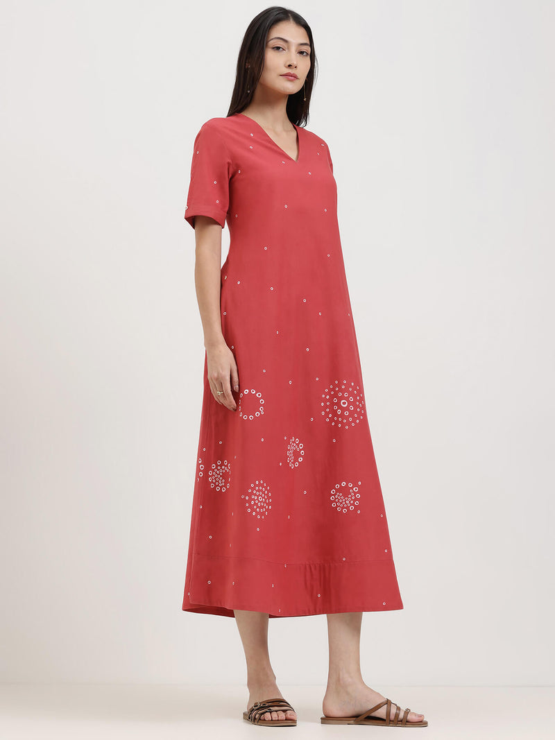 Cotton Bandhani A-Line Dress - Red