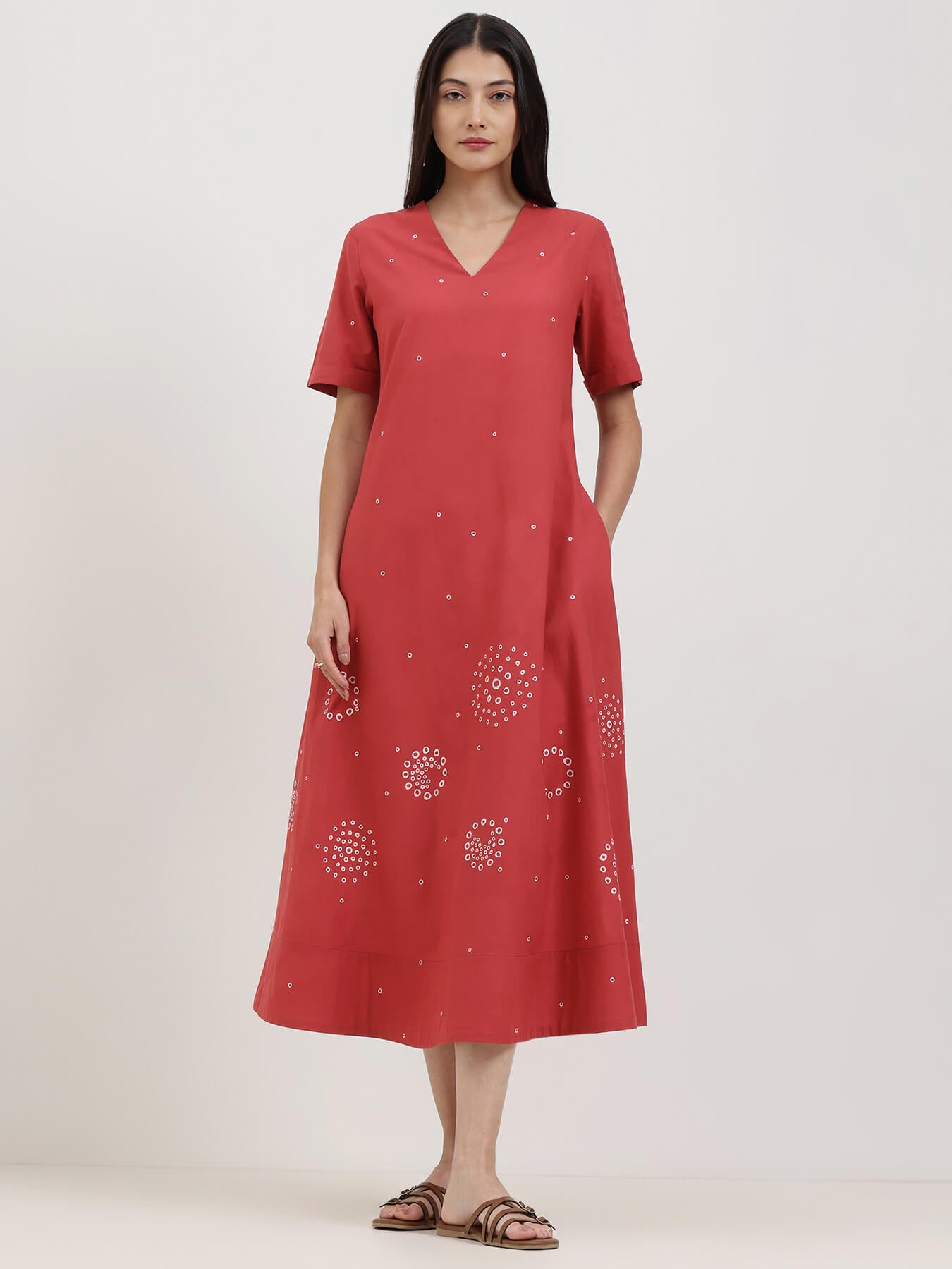 Cotton Bandhani A-Line Dress - Red