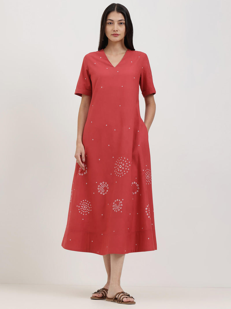 Cotton Bandhani A-Line Dress - Red