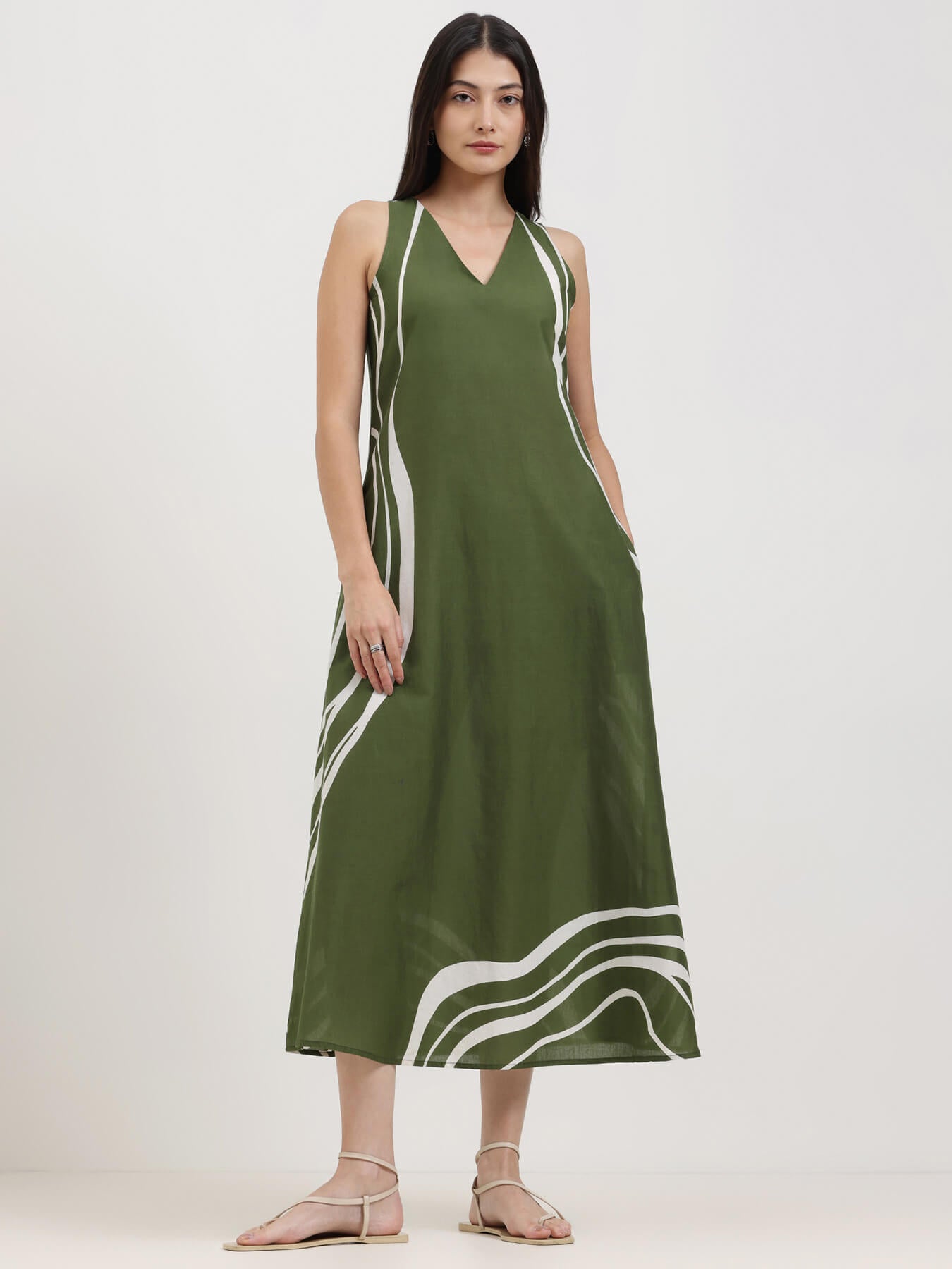 Cotton Abstract Print A-Line Dress - Olive