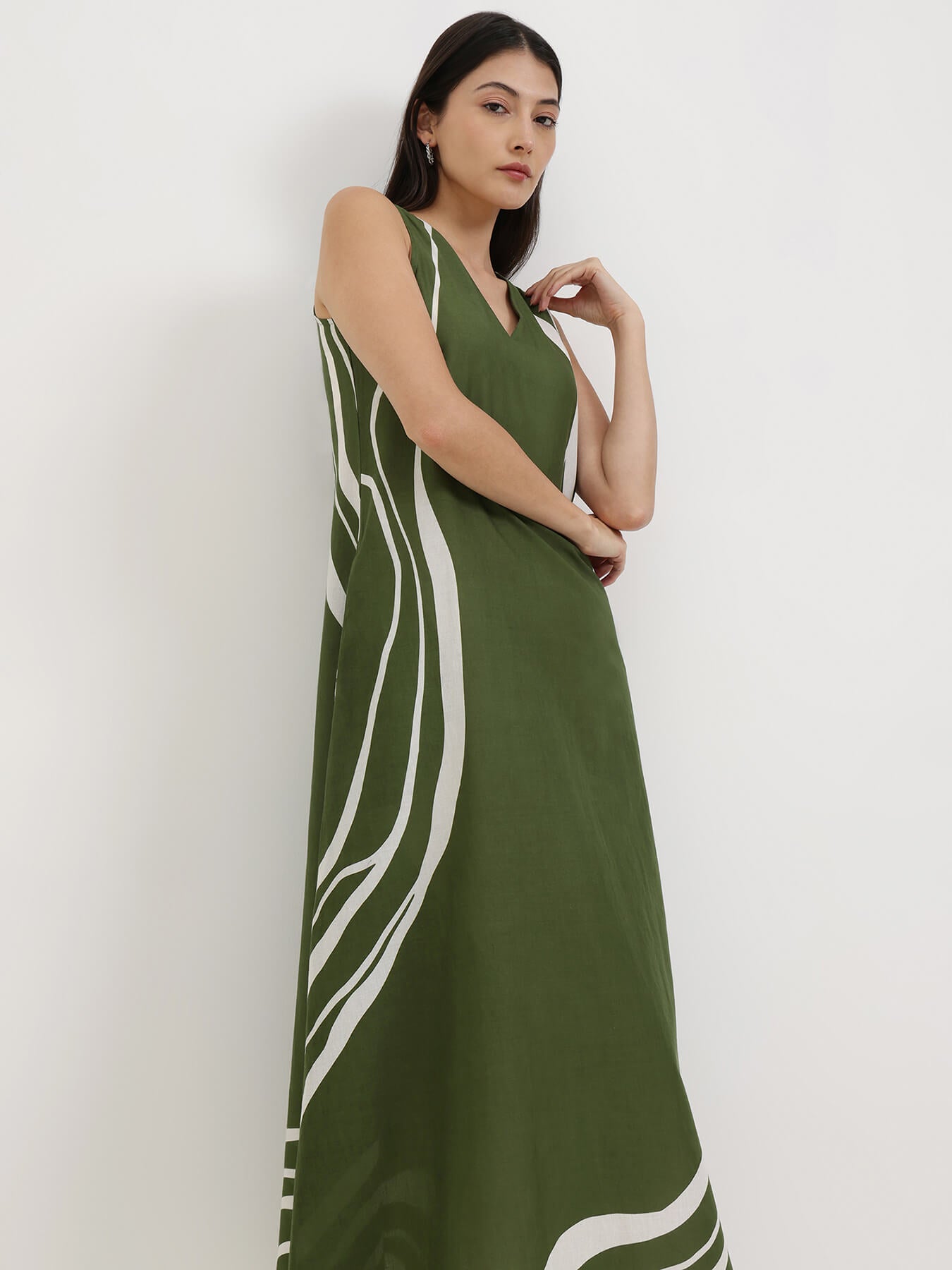 Cotton Abstract Print A-Line Dress - Olive