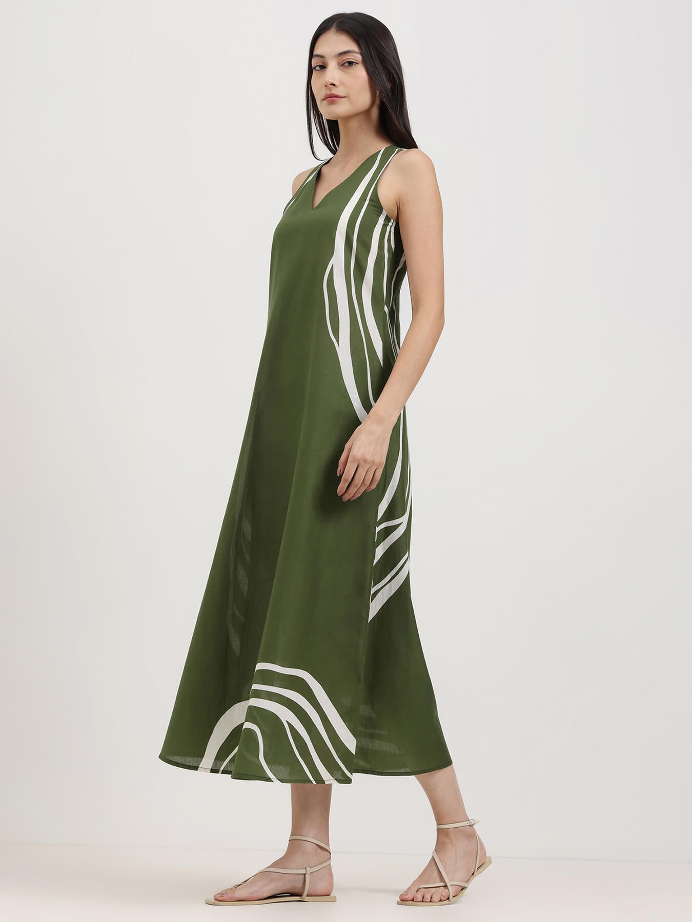 Cotton Abstract Print A-Line Dress - Olive