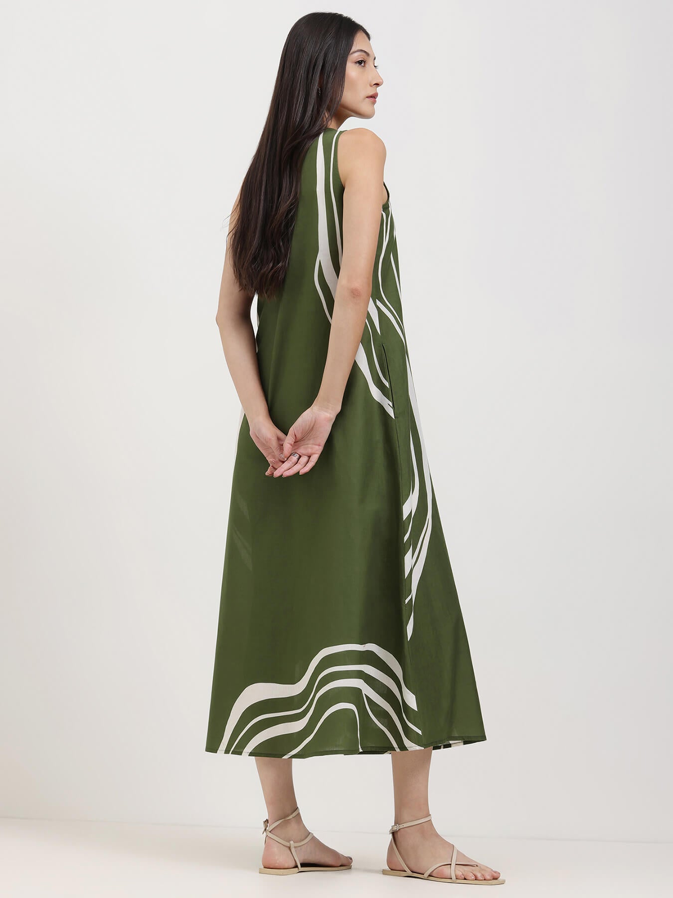 Cotton Abstract Print A-Line Dress - Olive