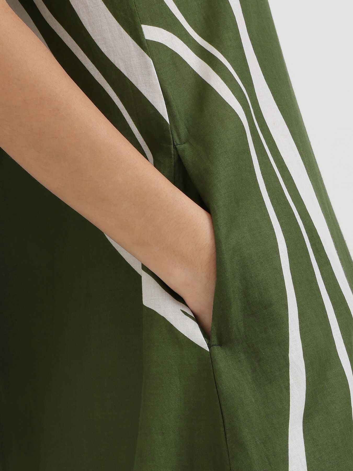 Cotton Abstract Print A-Line Dress - Olive