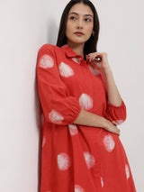 Cotton Dabu Polka A-Line Dress - Red