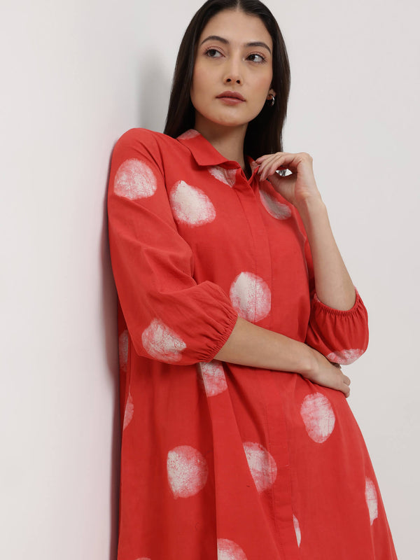 Cotton Dabu Polka A-Line Dress - Red