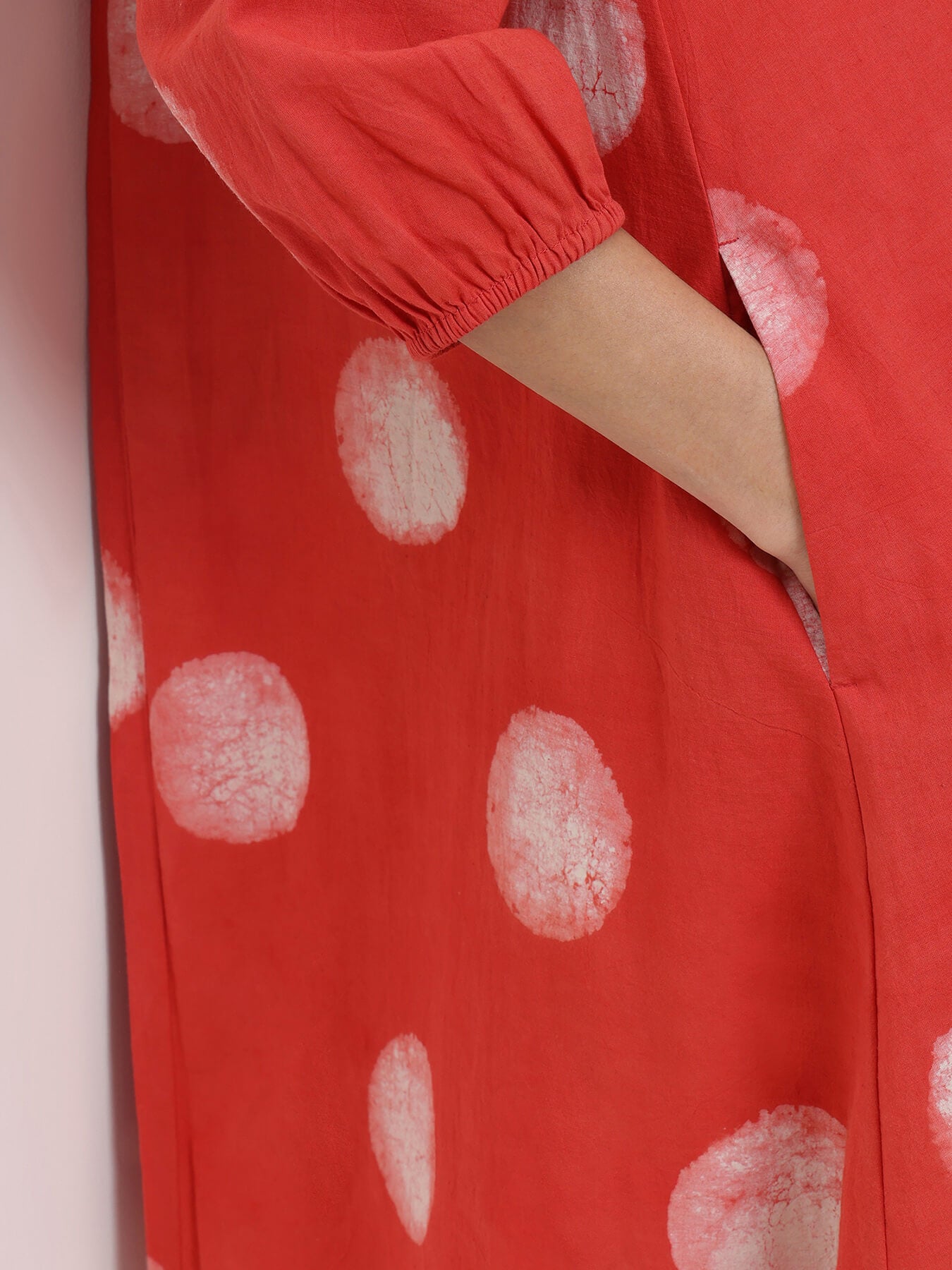 Cotton Dabu Polka A-Line Dress - Red