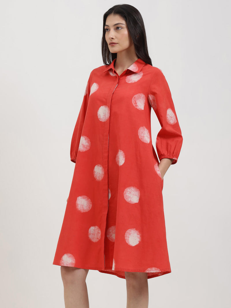 Cotton Dabu Polka A-Line Dress - Red