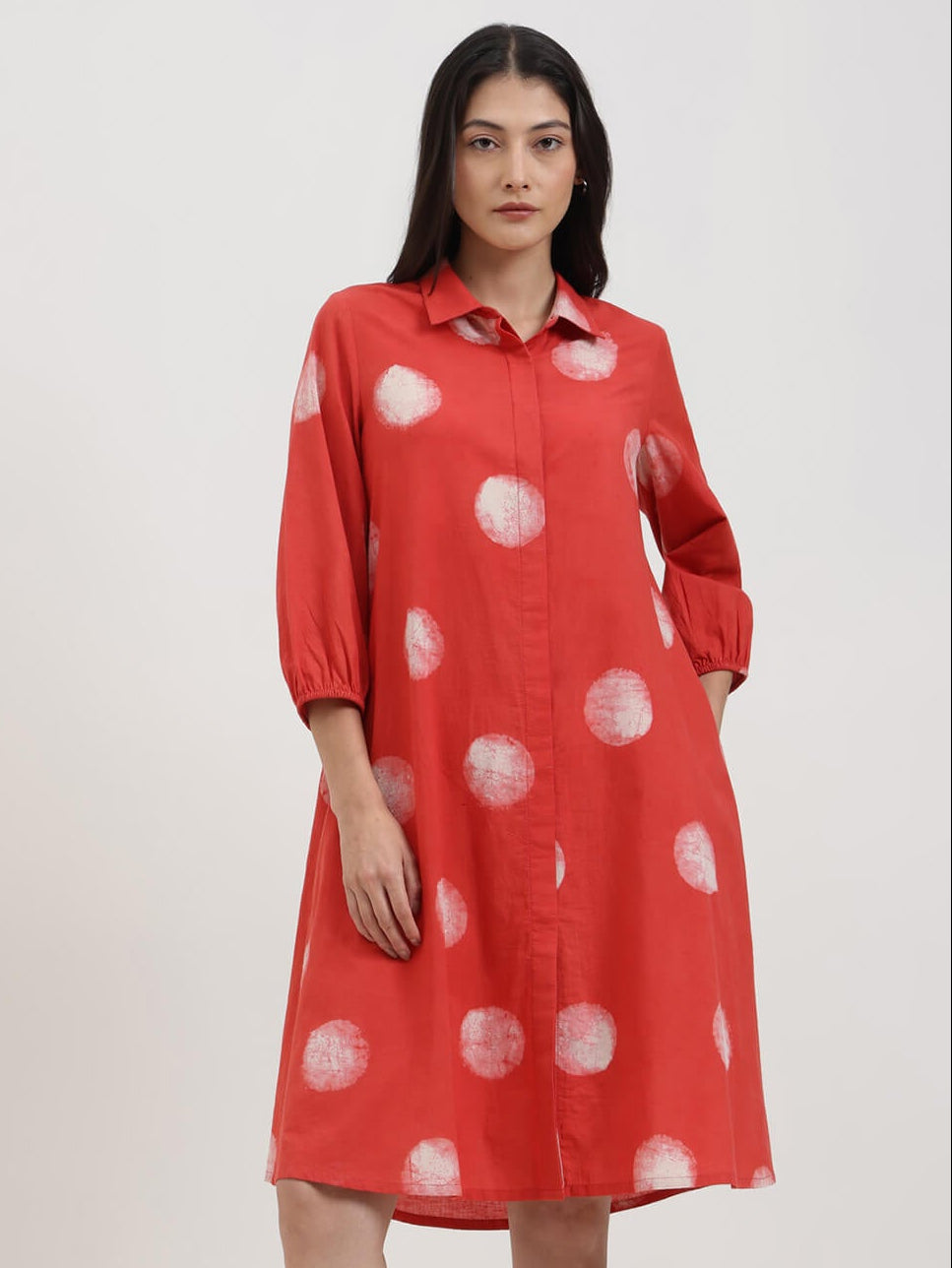 Cotton Dabu Polka A-Line Dress - Red