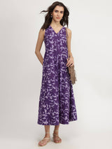 Cotton Dabu Floral A-Line Dress - Purple