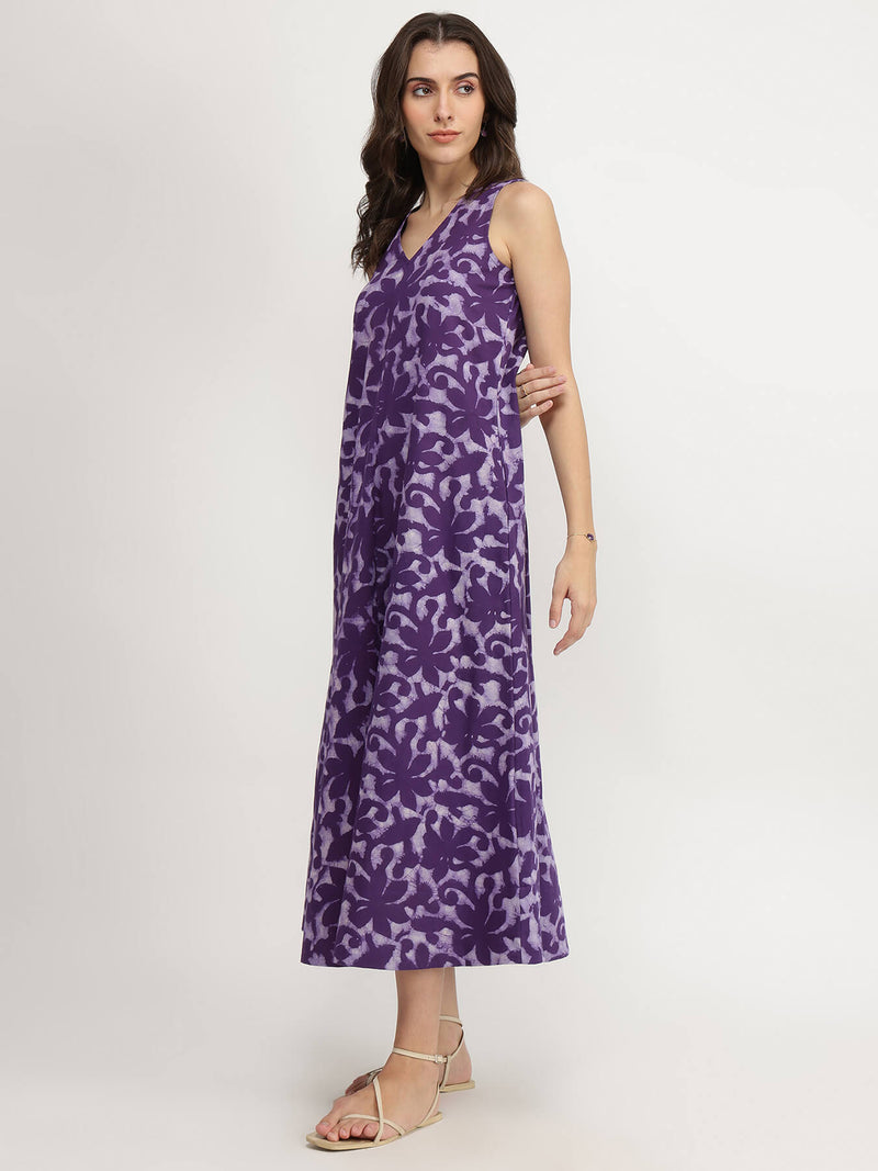 Cotton Dabu Floral A-Line Dress - Purple