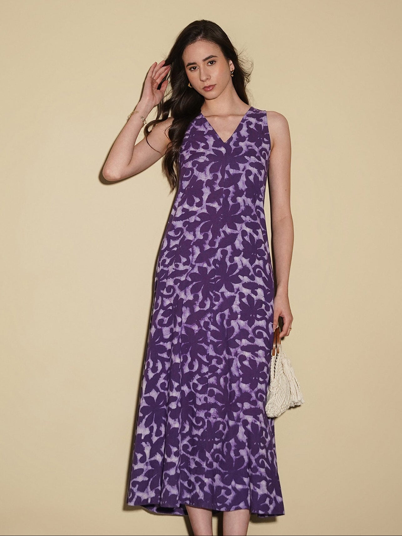 Cotton Dabu Floral A-Line Dress - Purple