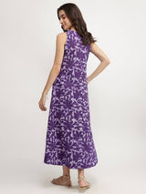 Cotton Dabu Floral A-Line Dress - Purple
