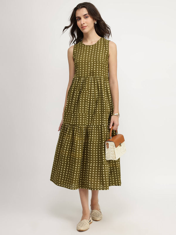 Cotton Dabu Geometric Tiered Dress - Olive