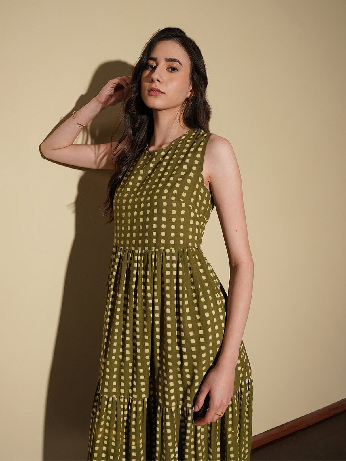 Cotton Dabu Geometric Tiered Dress - Olive