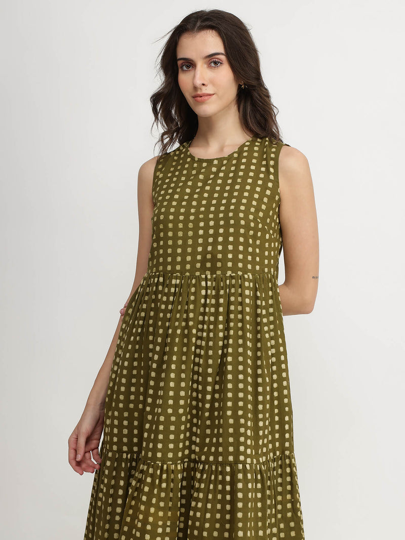 Cotton Dabu Geometric Tiered Dress - Olive