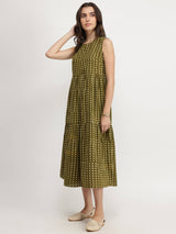 Cotton Dabu Geometric Tiered Dress - Olive