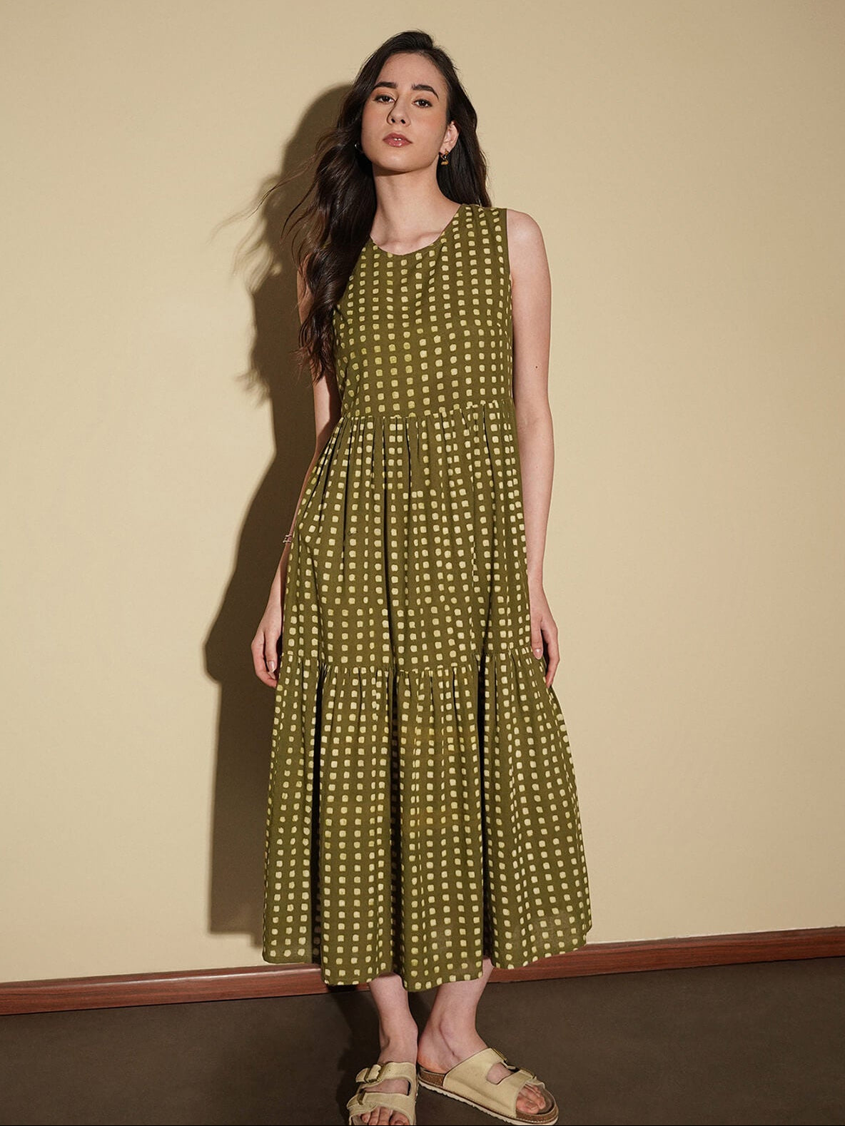 Cotton Dabu Geometric Tiered Dress - Olive
