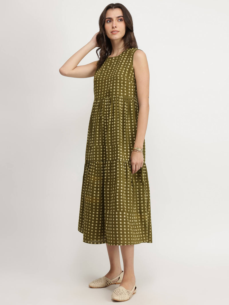 Cotton Dabu Geometric Tiered Dress - Olive