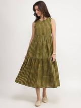 Cotton Dabu Geometric Tiered Dress - Olive