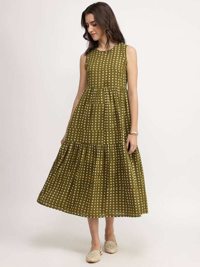 Cotton Dabu Geometric Tiered Dress - Olive