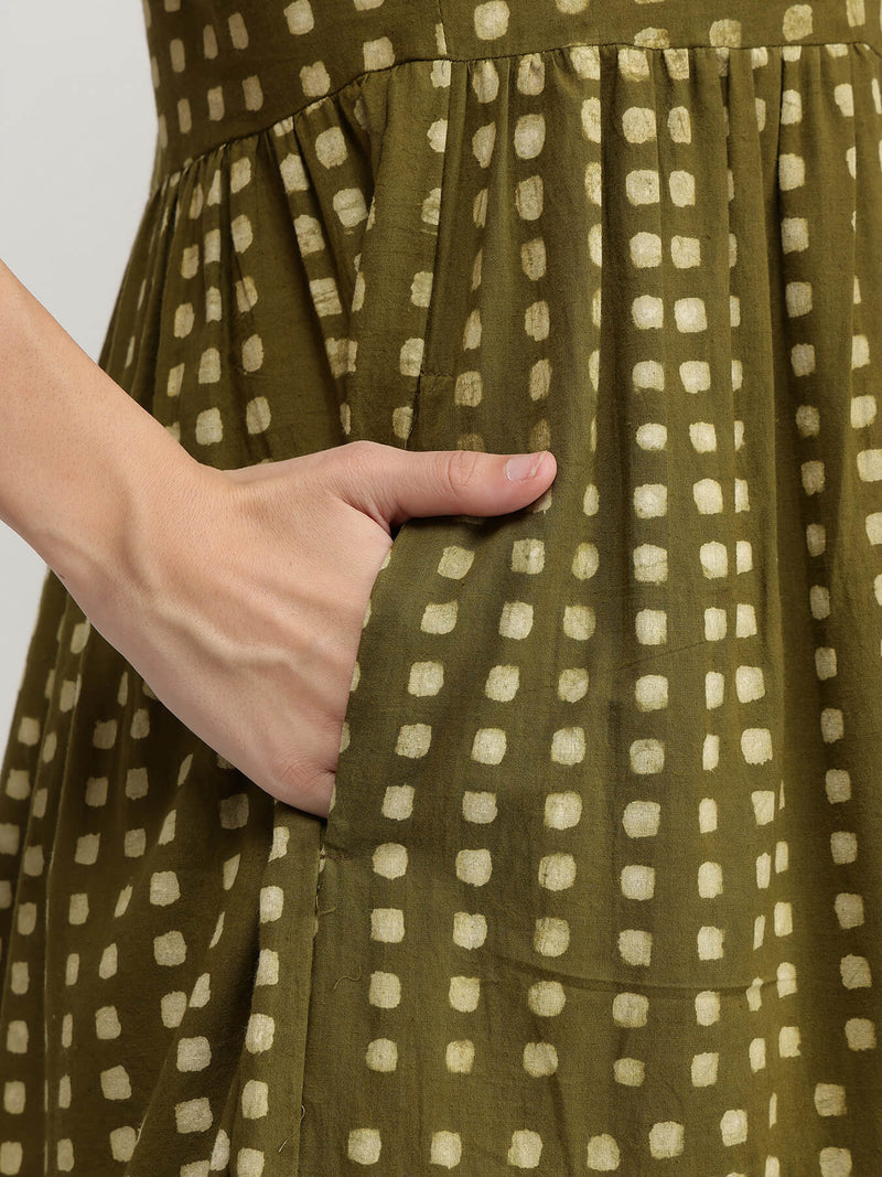Cotton Dabu Geometric Tiered Dress - Olive
