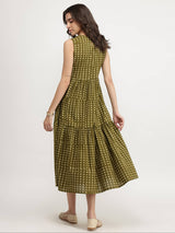 Cotton Dabu Geometric Tiered Dress - Olive
