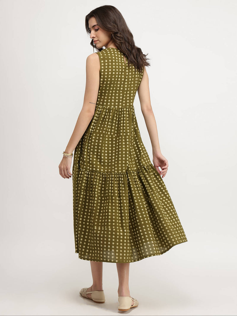 Cotton Dabu Geometric Tiered Dress - Olive