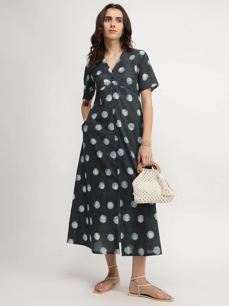 Cotton Dabu Polka A-Line Dress - Black