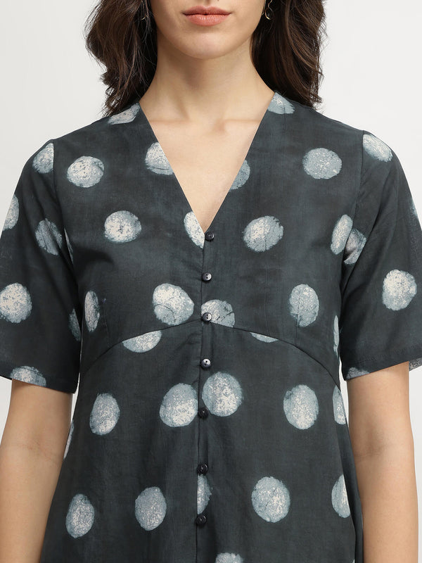 Cotton Dabu Polka A-Line Dress - Black