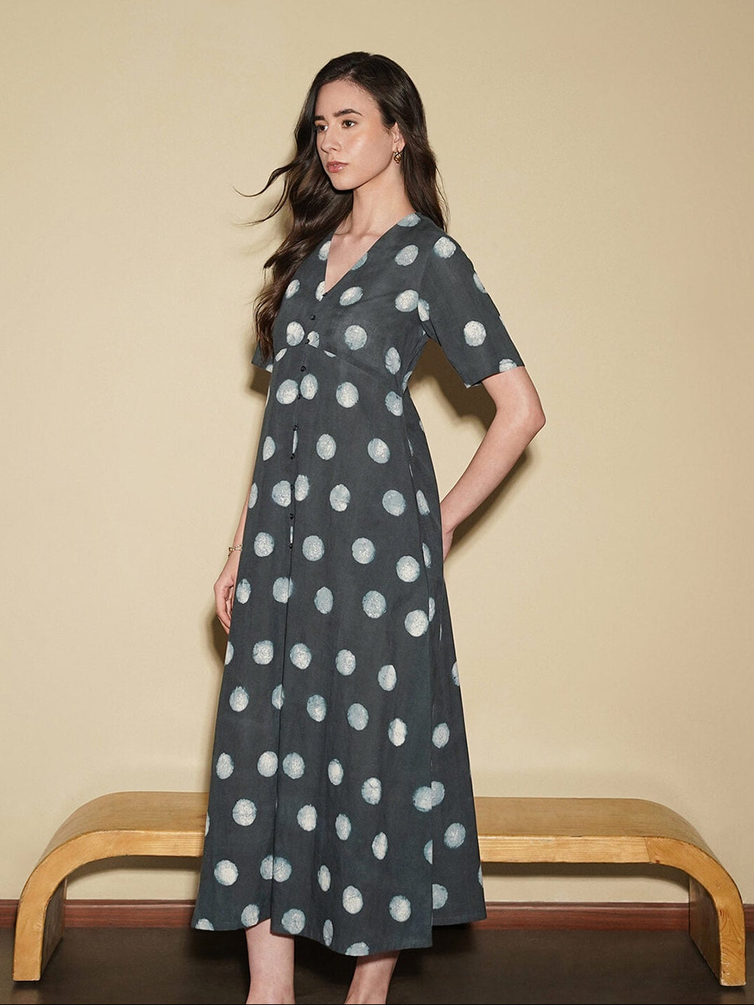 Cotton Dabu Polka A-Line Dress - Black