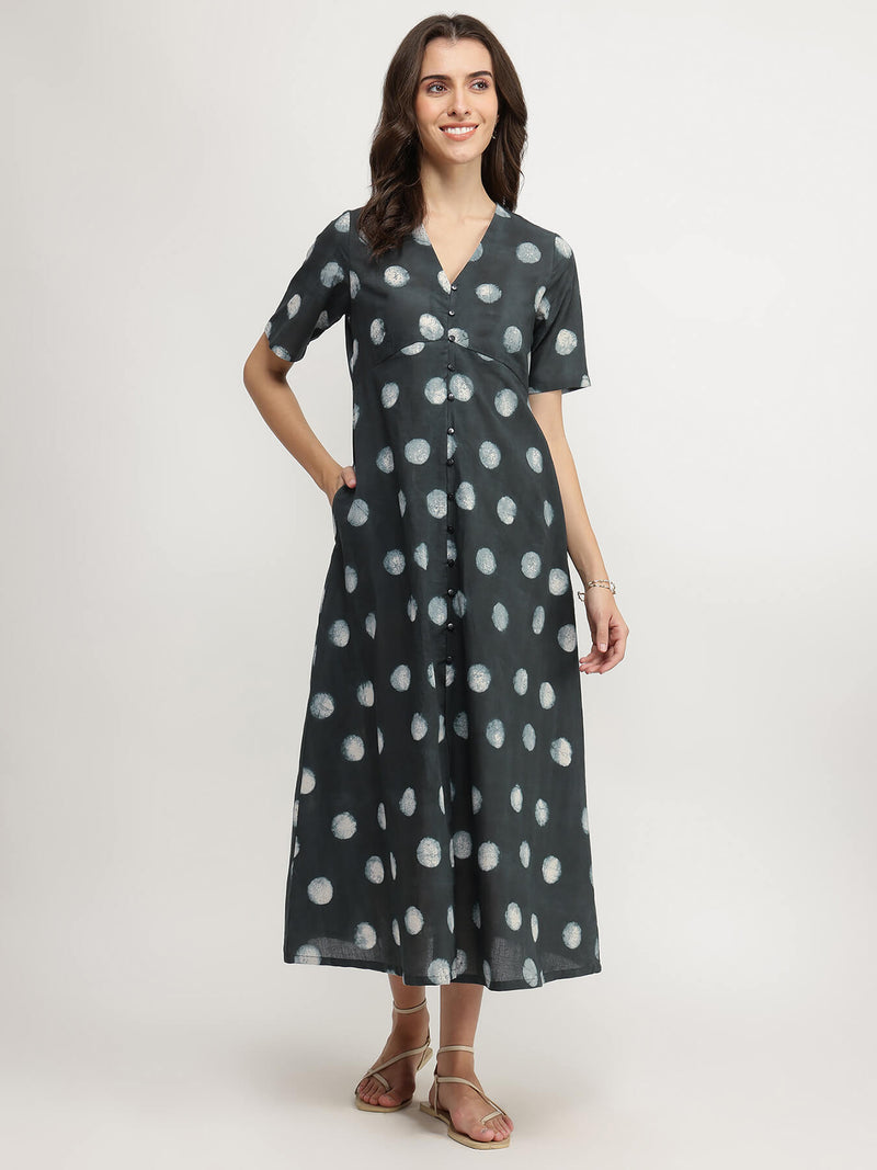 Cotton Dabu Polka A-Line Dress - Black