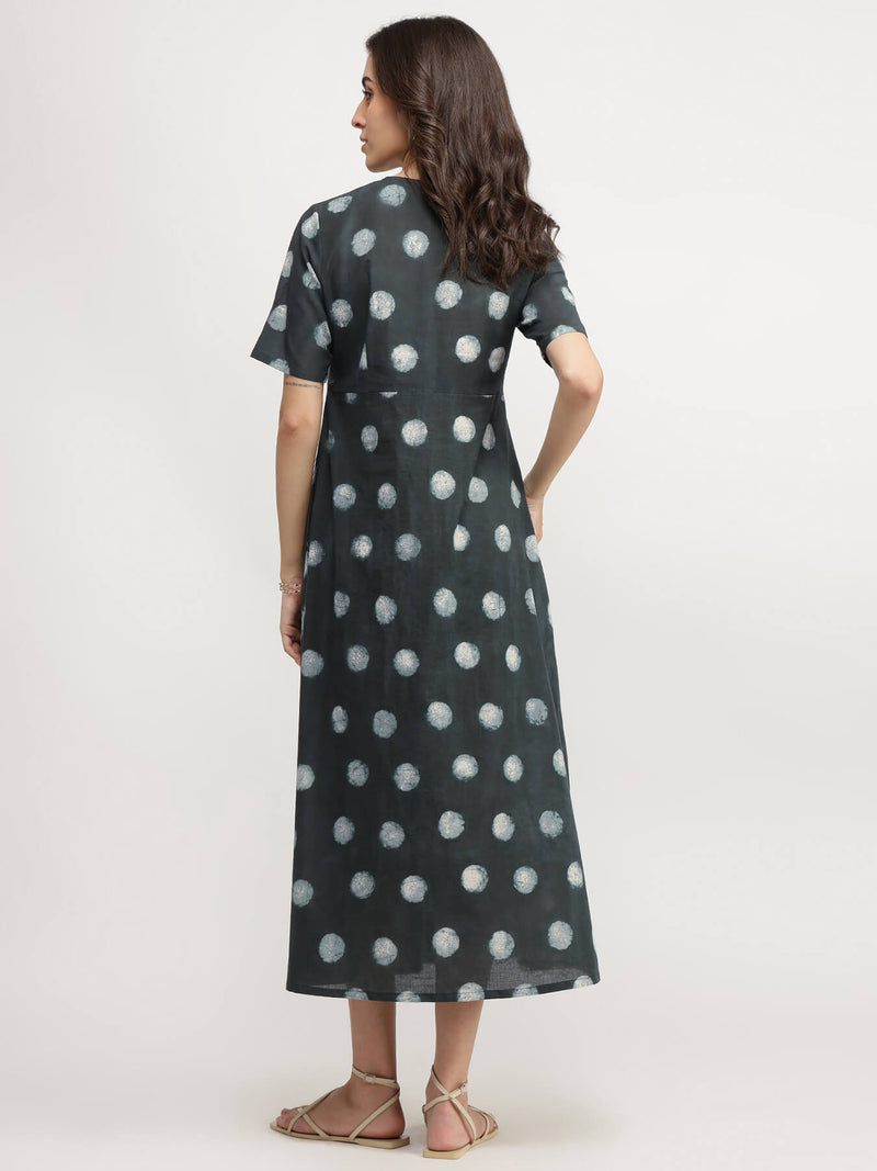 Cotton Dabu Polka A-Line Dress - Black