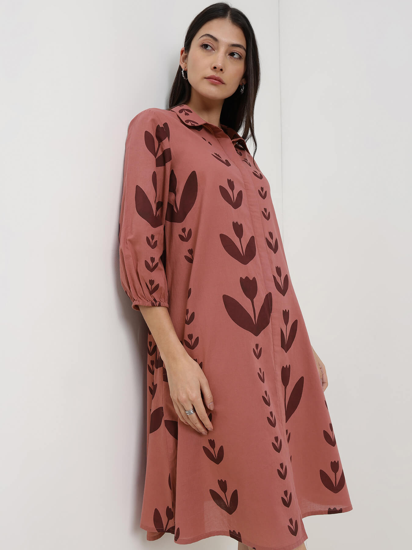 Cotton Floral A-Line Shirt Dress - Burgundy