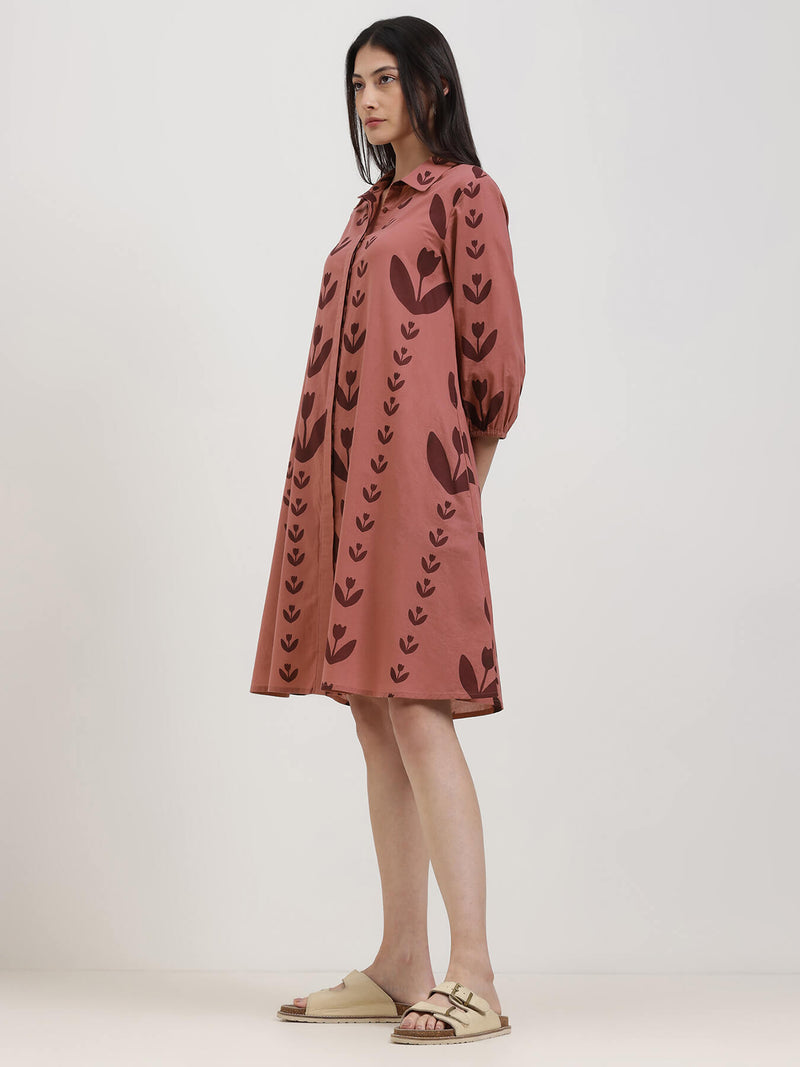 Cotton Floral A-Line Shirt Dress - Burgundy